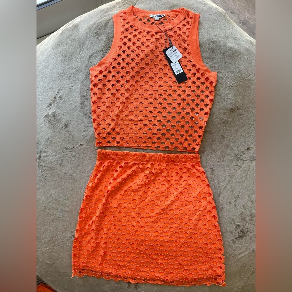 Fashion Nova Orange Mesh Mini Skirt and Cropped Top Set